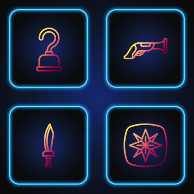 Rüzgar gülü, Korsan kılıcı, kanca ve klasik tabanca. Renk simgeleri. Vektör