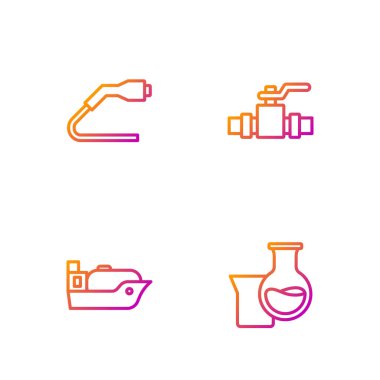 Petrol test tüpü, tanker gemisi, elektrik kablosu şarjı, metal borular ve valf ayarlayın. Renk simgeleri. Vektör
