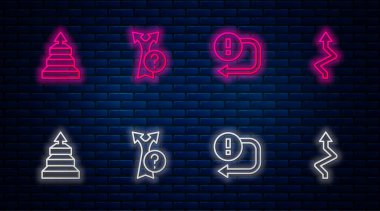 Satır Arrow, Piramit grafikleri ve grafikleri ayarlayın. Tuğla duvarda parlayan neon simgesi. Vektör