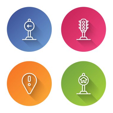 Trafik işaretini sola, ışığı, ünlem işaretli yeri ve trafik için oteli ayarla. Renkli daire düğmesi. Vektör