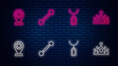 Çizgi Piercing, kolye, kuyumcu ve King Crown. Tuğla duvarda parlayan neon simgesi. Vektör