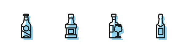 Set line Wine bottle with glass, Beer, Whiskey and Champagne icon. Vector — Vetor de Stock