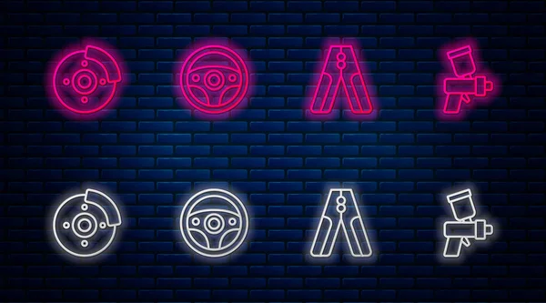 Set line Steering wheel, Car battery jumper power cable, brake disk with caliper and Paint spray gun. Glowing neon icon on brick wall. Vector — Stock Vector