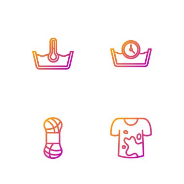 Çizgiyi Kirli Tişört, İplik, Sıcaklık Yıkama ve Zaman olarak ayarla. Renk simgeleri. Vektör