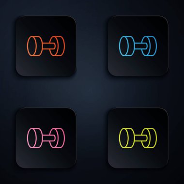 Renkli neon hattı Dumbbell simgesi siyah arkaplanda izole edildi. Kas kaldırma ikonu, fitness halteri, spor aletleri, egzersiz yaban domuzu. Kare düğmelere simgeleri yerleştir. Vektör