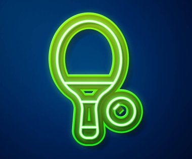 Masa tenisi ikonunu oynamak için parlak neon hattı raketi mavi arka planda izole edildi. Vektör