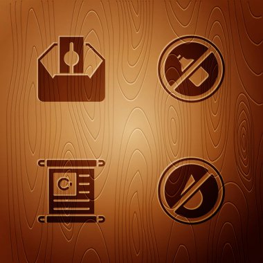 Su yok, bağış yok, sadaka yok, Kuran 'ın kutsal kitabı ve alkol ahşap arka planda. Vektör