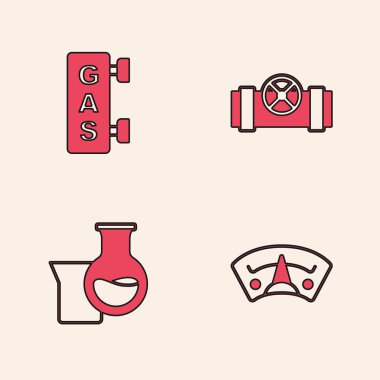 Motor benzin göstergesini, benzin dolum istasyonunu, metal boruları, vanayı ve yağ benzin test tüpünü ayarlayın. Vektör