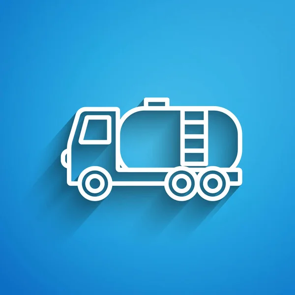 Witte lijn Tankwagen pictogram geïsoleerd op blauwe achtergrond. Aardolietanker, benzinetruck, reservoir, olietrailer. Lange schaduw. Vector — Stockvector