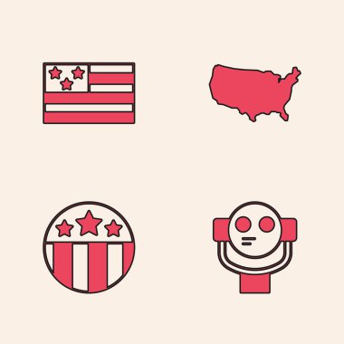Turist dürbünü, Amerikan bayrağı, ABD haritası ve yıldız ikonlu madalya ayarla. Vektör