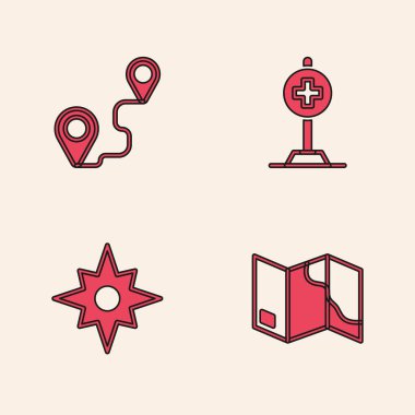 Katlanmış haritayı, güzergahı, çapraz hastaneli konumu ve Rüzgar gül simgesini ayarla. Vektör