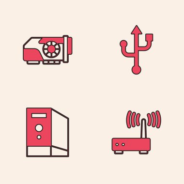 Yönlendirici ve wi-fi sinyali, video grafik kartı, USB ve bilgisayar simgesi dosyası ayarla. Vektör