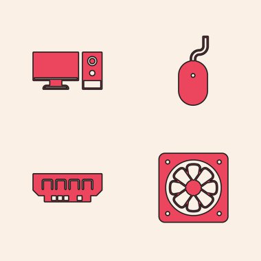 Bilgisayar soğutucusunu, monitörü, fareyi ve RAM 'i, rastgele erişim belleği simgesini ayarla. Vektör