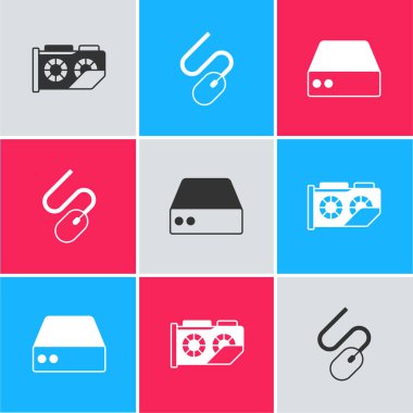 Video grafik kartını, Bilgisayar faresini ve sunucuyu, Data 'yı, Web sunucu simgesini ayarla. Vektör