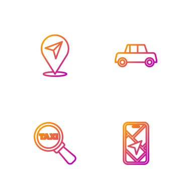 Şehir haritası navigasyonu, büyüteç ve taksi arabası konum ve araba ayarlayın. Renk simgeleri. Vektör