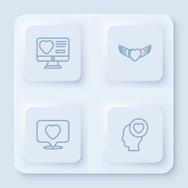 Online Flört uygulaması, kanatlı kalp, kalp ve kafa. Beyaz kare düğme. Vektör