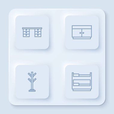 Ofis masası, çekmece sandığı, palto standı ve ranza. Beyaz kare düğme. Vektör