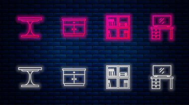 Mobilya sehpası, kitaplı raf, yuvarlak masa ve televizyon. Tuğla duvarda parlayan neon simgesi. Vektör