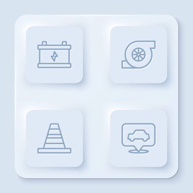 Hat aküsü, otomotiv turbo şarjı, trafik konisi ve servis. Beyaz kare düğme. Vektör