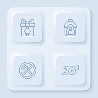 Hediye kutusu, Ramazan Kareem feneri, oruç ve top. Beyaz kare düğme. Vektör