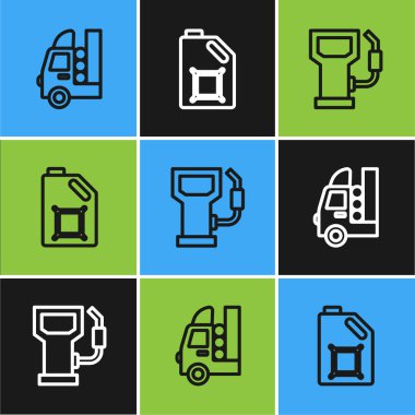 Araç, benzin istasyonu ve teneke motor yağı ikonu için yakıt deposu ayarlayın. Vektör