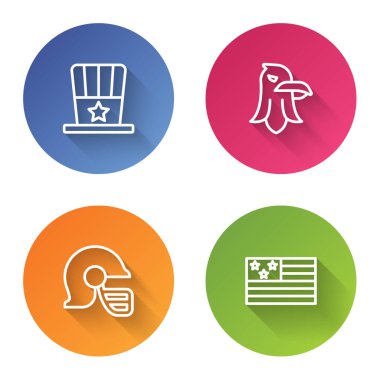 Vatansever Amerikan silindir şapkası, Kartal, futbol kaskı ve bayrağı. Renkli daire düğmesi. Vektör