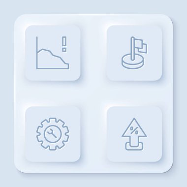 Finansal büyüme azalması, Bayrak, İngiliz anahtarı ve teçhizat ve yüzde yüz artma oku ayarlayın. Beyaz kare düğme. Vektör