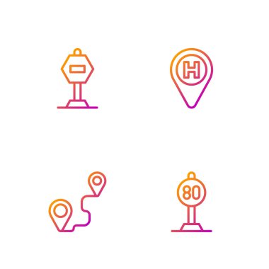 Hız limiti trafiği, güzergah konumu, dur işareti ve helikopter iniş pisti ayarlayın. Renk simgeleri. Vektör