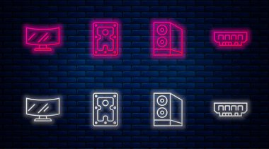 HDD, bilgisayar vakası, bilgisayar monitörü ve RAM, rastgele erişim belleği ayarla. Tuğla duvarda parlayan neon simgesi. Vektör
