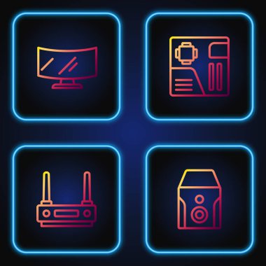 Hattı ayarla Kesintisiz güç kaynağı, Router ve wi-fi sinyali, Bilgisayar monitörü ekranı ve anakart dijital çip. Renk simgeleri. Vektör