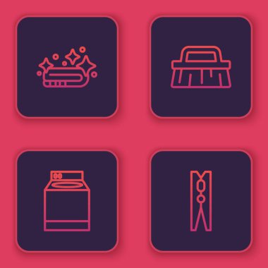 Hat havluları, çamaşır makinesini, temizlik için fırçayı ve tokayı hazırla. Mavi kare düğme. Vektör