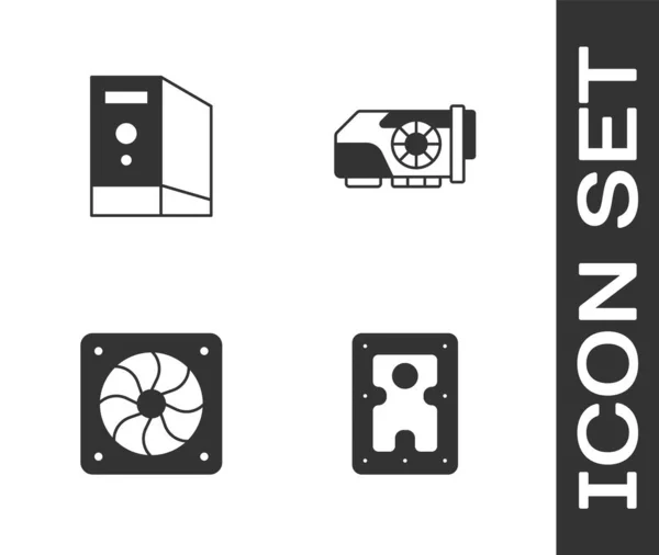 하드 디스크 드라이브 HDD, 컴퓨터 케이스, 컴퓨터 쿨러, 비디오 그래픽 카드 아이콘을 설정 한다. Vector — 스톡 벡터