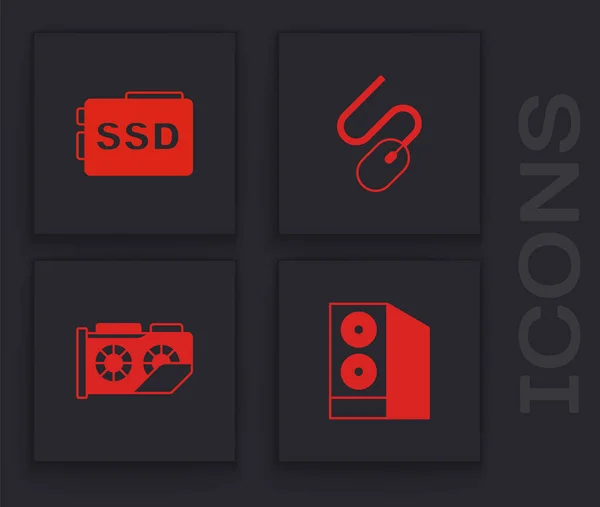 Set Cas de l'ordinateur, carte SSD, souris d'ordinateur et icône graphique vidéo. Vecteur — Image vectorielle