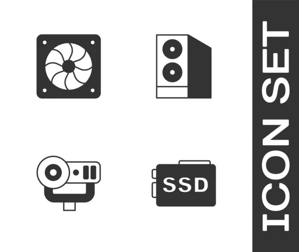 Stel SSD-kaart, computerkoeler, webcamera en geval van computerpictogram. Vector — Stockvector