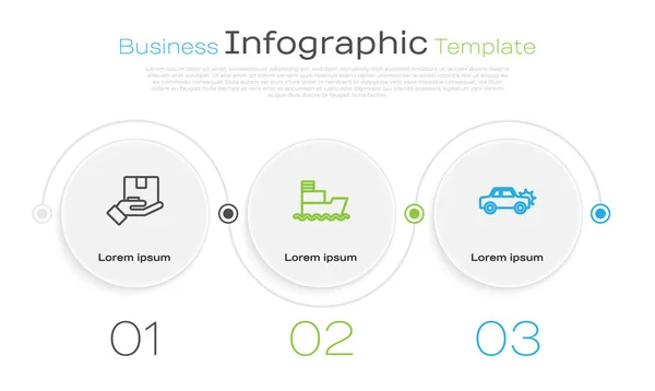 Definir linha de seguro de entrega, navio e carro. Modelo de infográfico de negócios. Vetor — Vetor de Stock