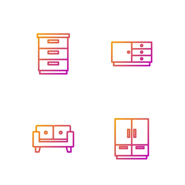 Set line Wardrobe, Sofa, Furniture nightstand and Chest drawers. Gradient color icons. Vector — Stock Vector