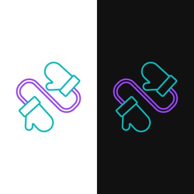 Beyaz ve siyah arkaplanda izole edilmiş bir çift örgü Noel eldiveni ikonu. Mitten simgesi. Mutlu Noeller ve mutlu yıllar. Renkli taslak konsepti. Vektör