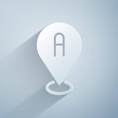 Kağıt kesiği Harita iğne simgesi gri arkaplanda izole edildi. Navigasyon, işaret, konum, harita, GPS, yön, yer, pusula, arama konsepti. Kağıt sanatı tarzı. Vektör