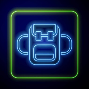 Parlayan neon rengi sırt çantası ikonu mavi arkaplanda izole edildi. Vektör