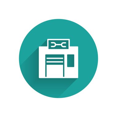 Uzun gölgeli beyaz bisiklet tamir ikonu. Yeşil daire düğmesi. Vektör