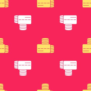 Sarı kredi kartı simgesi kırmızı arkaplanda kusursuz desen izole etti. Çevrimiçi ödeme. Nakit çekilmesi. Finansal operasyonlar. Alışveriş tabelası. Vektör