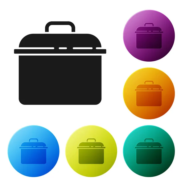 Schwarzes Kochtopf-Symbol isoliert auf weißem Hintergrund. Kochen oder schmoren Lebensmittel Symbol. Setzen Sie Symbole in farbigen Kreis-Tasten. Vektor — Stockvektor