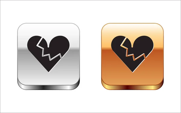 Zwart Gebroken hart of scheiding pictogram geïsoleerd op witte achtergrond. Liefdessymbool. Valentijnsdag. Zilverkleurig-gouden vierkante knop. Vector — Stockvector
