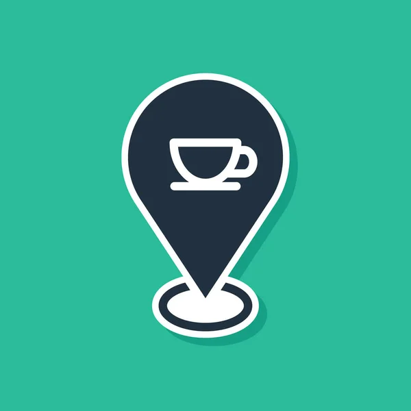 Ubicación azul con el icono de la taza de café aislado sobre fondo verde. Vector — Vector de stock