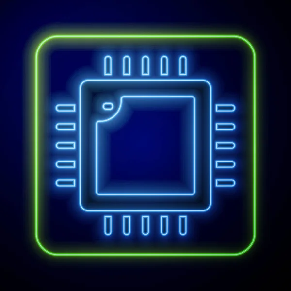 Procesador de neón brillante con microcircuitos icono de la CPU aislado sobre fondo azul. Chip o cpu con placa de circuito. Micro procesador. Vector — Archivo Imágenes Vectoriales