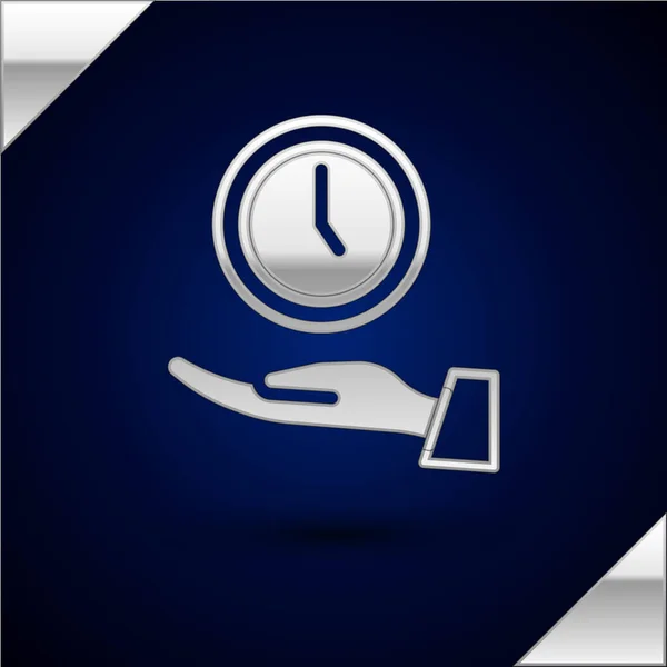 Silver Klocka ikon isolerad på mörkblå bakgrund. Tidssymbol. Vektor — Stock vektor