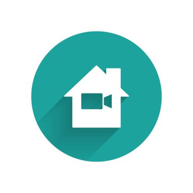 Ev ikonunda uzun gölgeli beyaz video kamera kapalı. Video yok. Yeşil daire düğmesi. Vektör