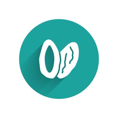 Beyaz Tarih meyve ikonu uzun gölgeli arka planda izole edilmiş. Yeşil daire düğmesi. Vektör