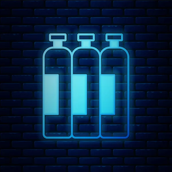 Gloeiende neon Industriële gascilinder tank voor alle inerte en gemengde inerte gassen pictogram geïsoleerd op baksteen muur achtergrond. Vector — Stockvector