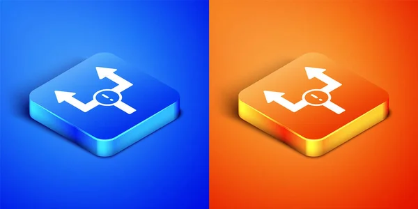 Isometrisk pil ikon isolerad på blå och orange bakgrund. Riktning pilspets symbol. Navigeringsskylt. Fyrkantig knapp. Vektor — Stock vektor